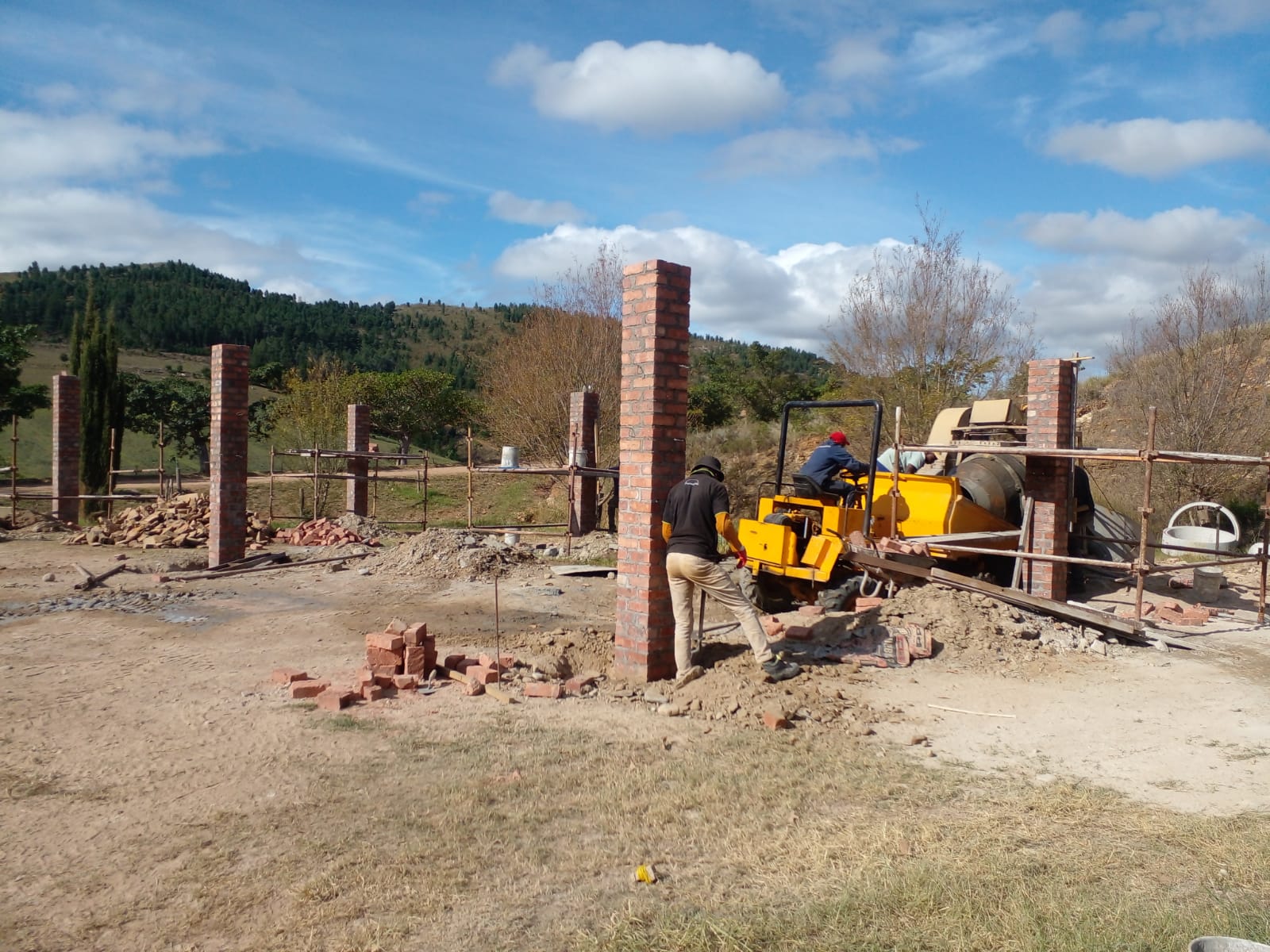 Brick column construction on a commercial site